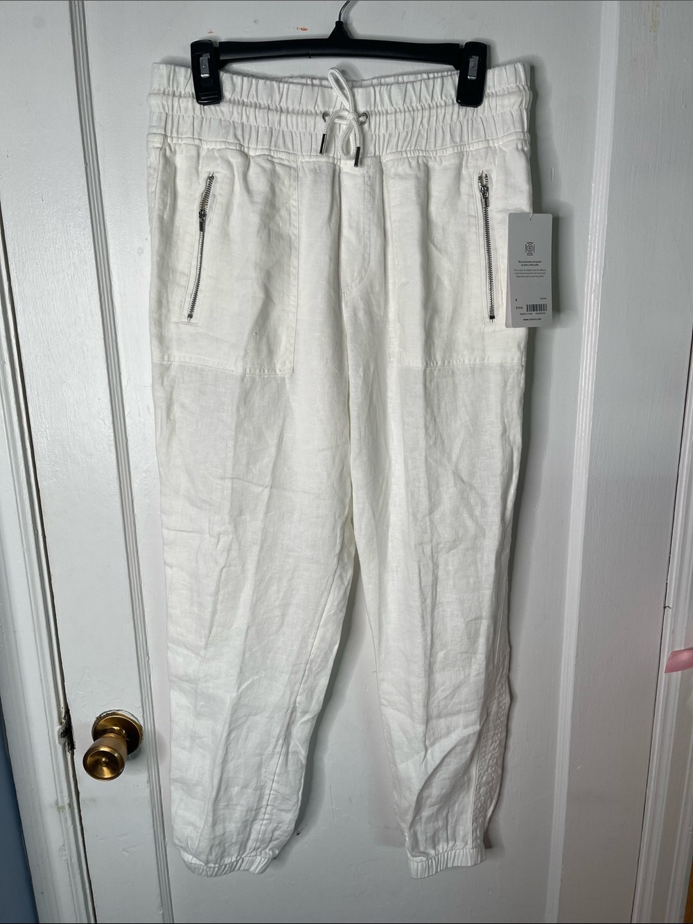 Nwt Athleta Cabo Linen Jogger Pants White 6 New Pull On Elastic Zipper Pockets